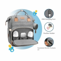 Geanta/rucsac pentru scutece, impermeabila, cu port USB, poate fi atarnata pe carucior, 42 x 32 x 15, 5 cm, gri OF008